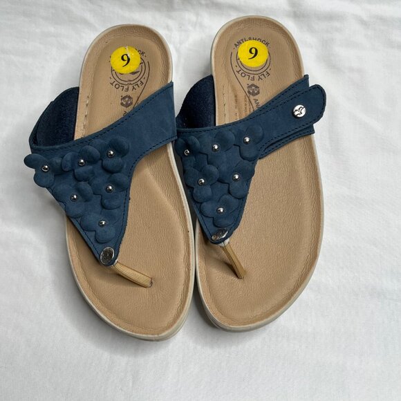 Fly Flot Womens Navy Blue Anatomic Sandals Size 9 Leather Upper - Picture 3 of 8